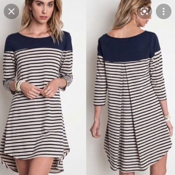 Umgee Black and Cream Striped Tunic T Shirt Dress Trapeze back size small - Picture 1 of 5